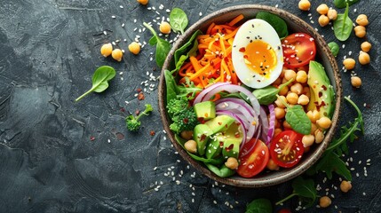 Healthy vegan lunch bowl with tomato, carrot, avocado, quail eggs, violet onion, spinach, chickpeas on a light background. vegetables salad. Top view, copy space.