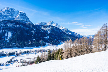 Winter landscape with snow covered Dolomites in Kronplatz, Italy