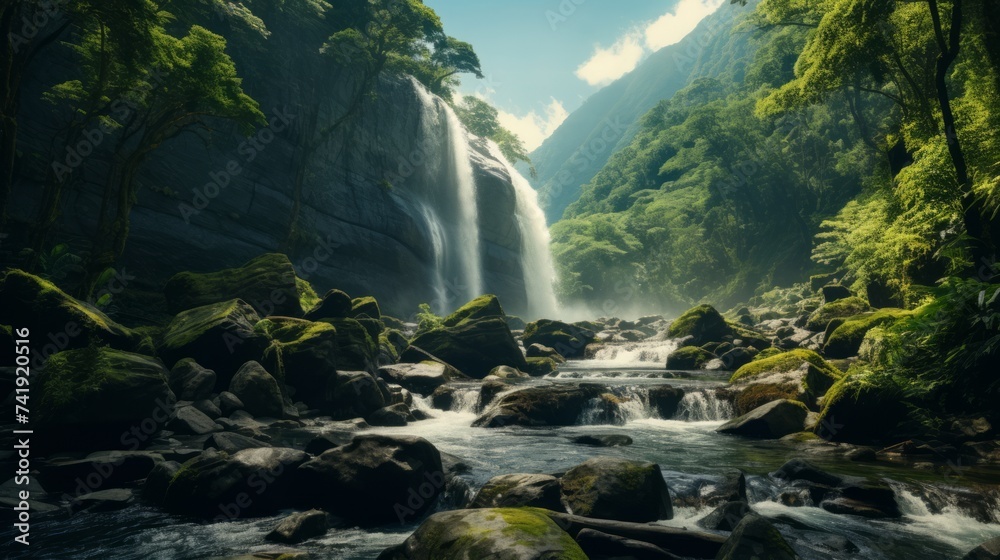 Poster Generative AI A cascading waterfall tumbling down sheer cliffs into a pristine mountain stream, amidst lush vegetation.
