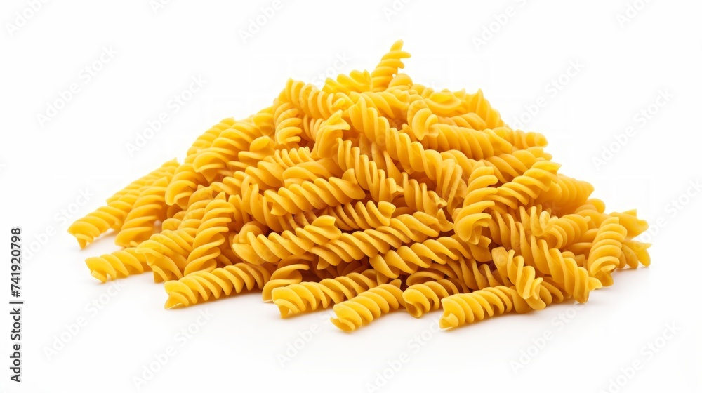 Poster A close-up realistic photo of a heap of fusilli pasta on a white background Generative AI