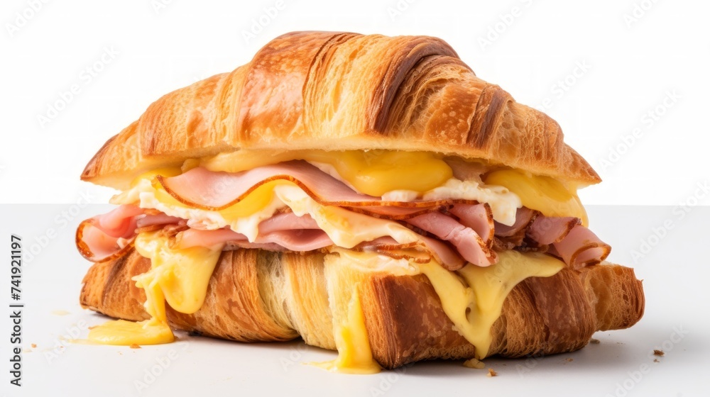 Poster a delicious ham and cheese croissant sandwich captured in a close-up realistic photo against a white