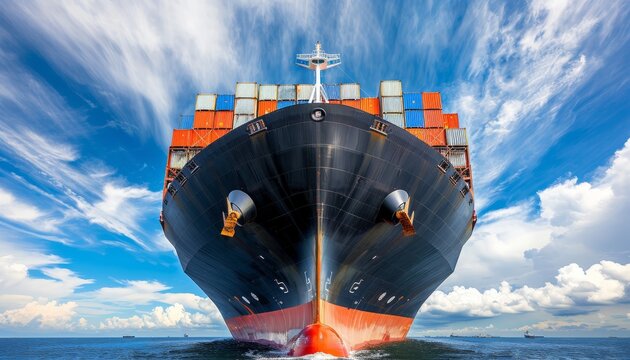 Front view of container ship fully loaded in vibrant blue ocean waters under clear sky