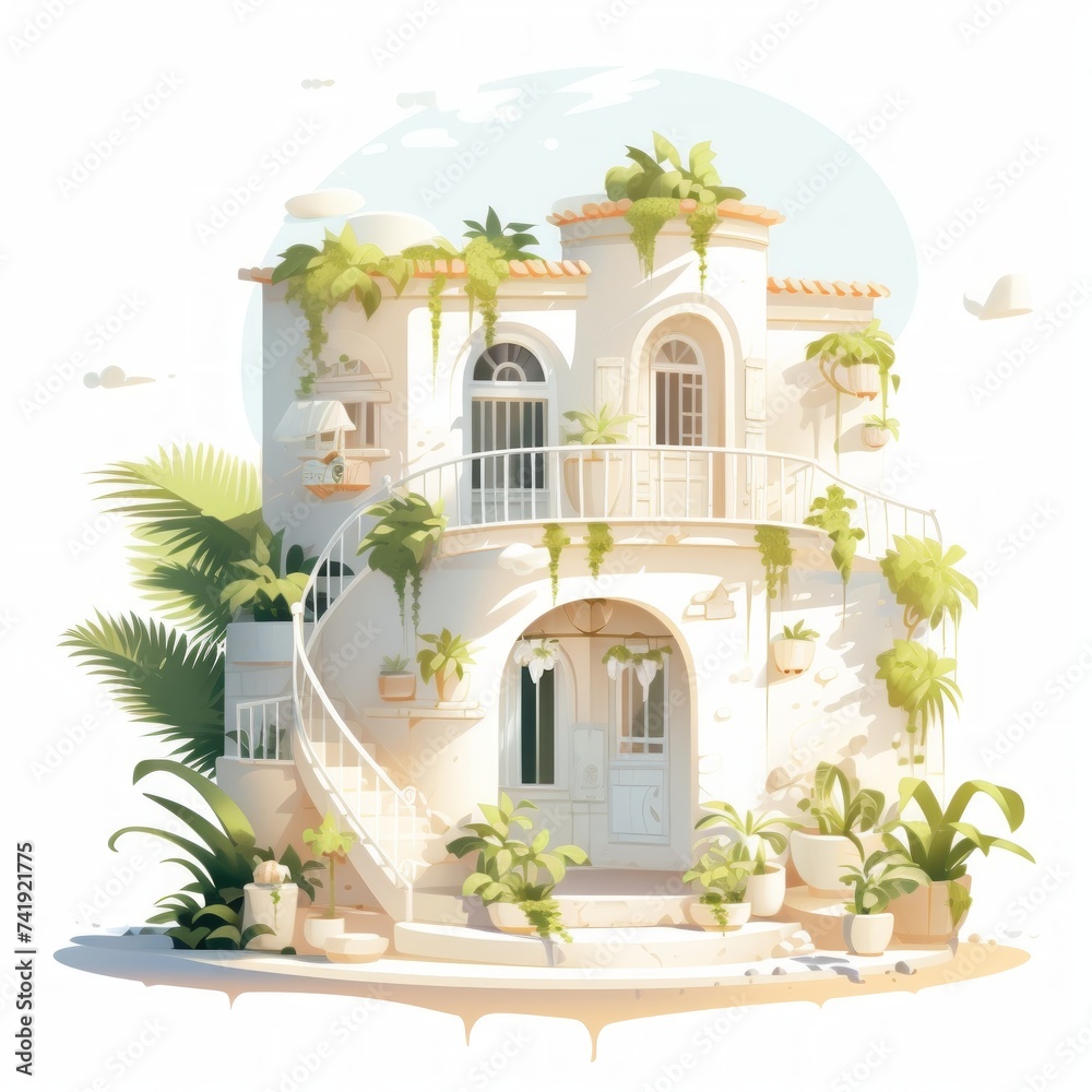 Poster Generative AI A fairytale abode with a tiny balcony and a white exterior glowing in soft sunlight.