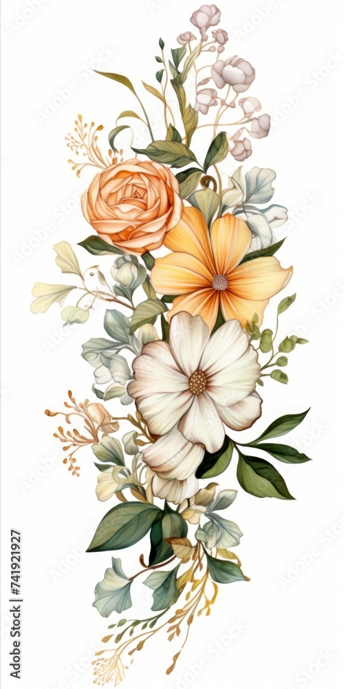 Poster Generative AI A gorgeous cluster of fresh flowers arranged neatly on a white background, offering a clean area for adding event details or custom text overlays. in the style of feminine sticker art, a
