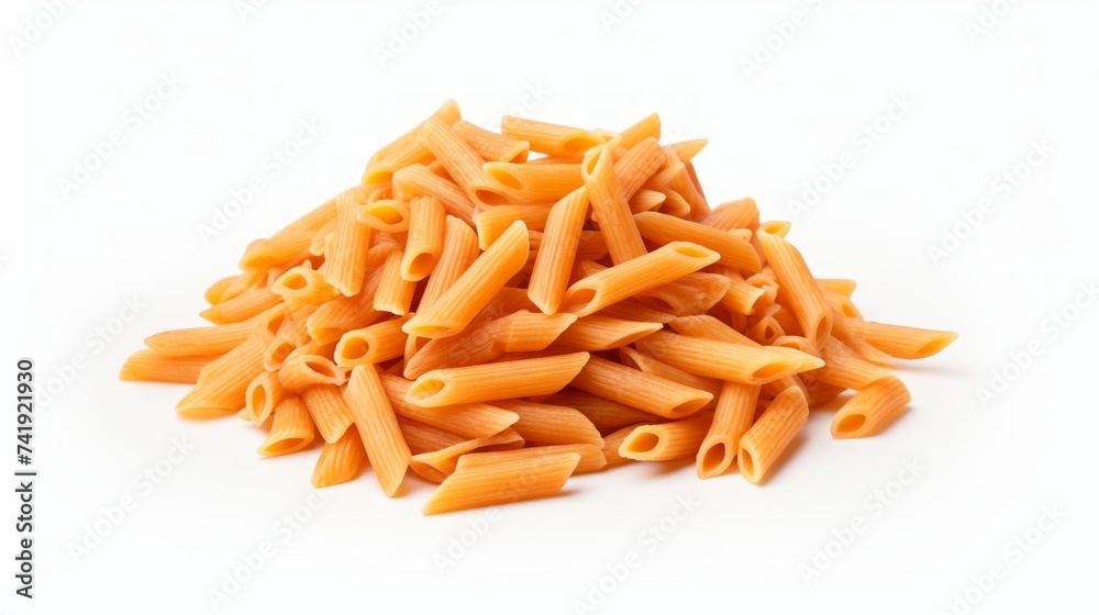 Poster a heap of penne pasta captured in a close-up realistic photo against a white background generative a