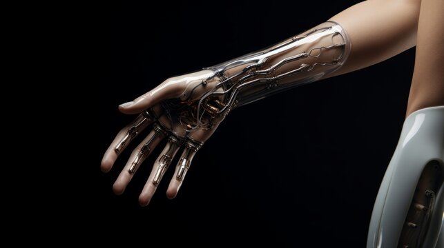 Generative AI A futuristic depiction of a person with a bionic arm that seamlessly integrates into their natural anatomy, exhibiting advanced functionality and sleek design.