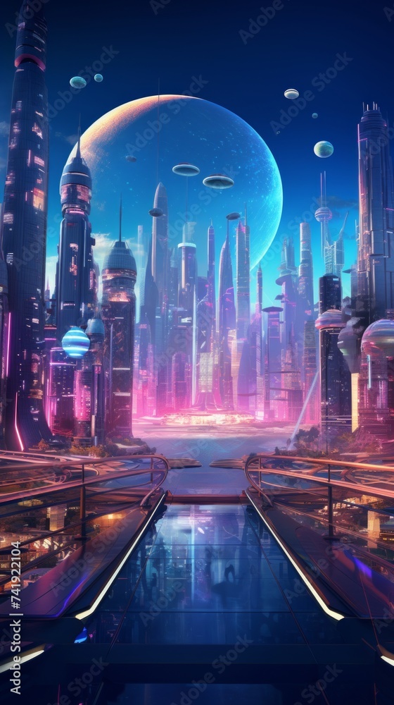 Aufkleber generative ai a high-tech cityscape featuring hovering vehicles, neon-lit buildings, and sophisticat