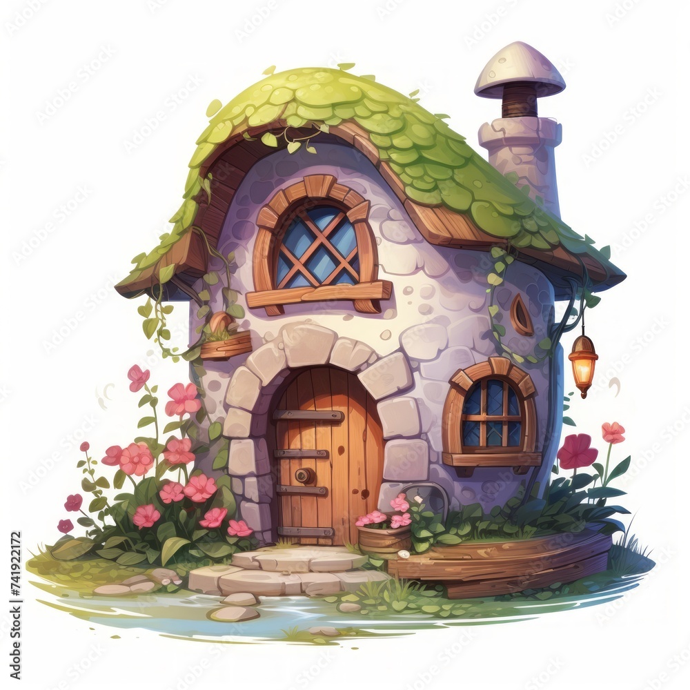 Poster Generative AI A magical tiny house with a cobblestone pathway and a cozy hearth inside.