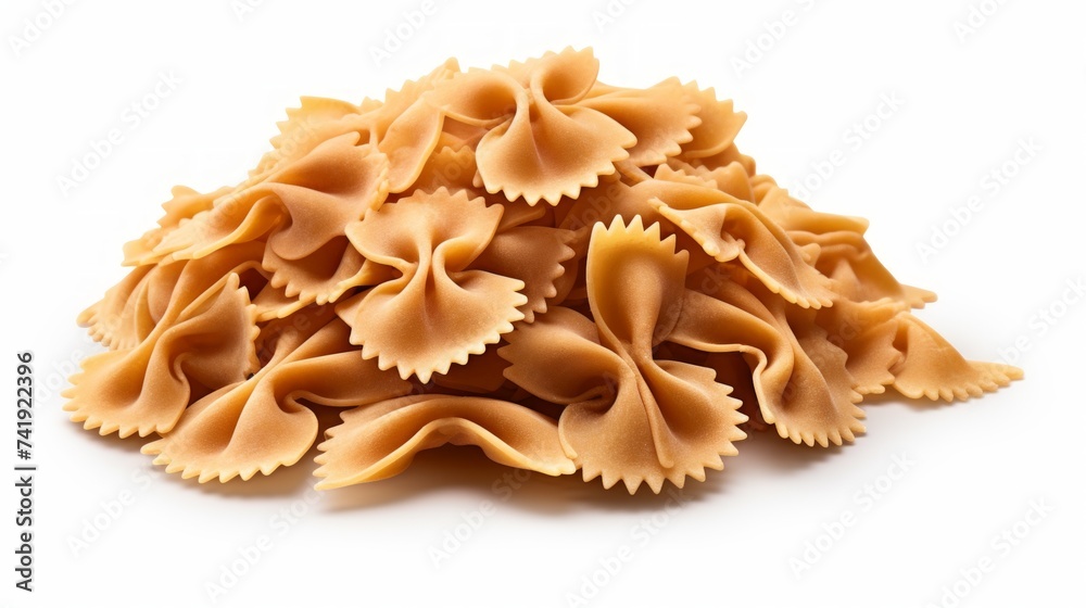 Poster a mound of farfalle pasta captured in a close-up realistic photo against a white background generati