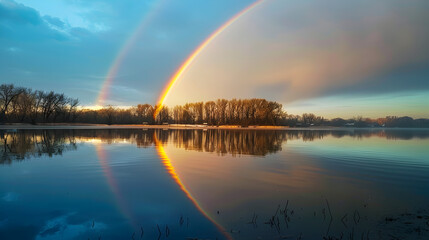 Fototapeta na wymiar A rainbow over a lake with a reflection of a rainbow, Arafed rainbow over a lake with trees and a blue sky
