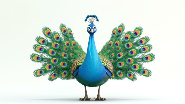 A charming 3D rendering of a cute peacock, displaying its vibrant feathers with pride. This adorable stock image on a white background conveys beauty and grace, perfect for adding a touch of