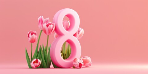8 of March banner, Woman's Day banner with pink tulips, Pink flowers and a pink number 8 are displayed against a pink background. 