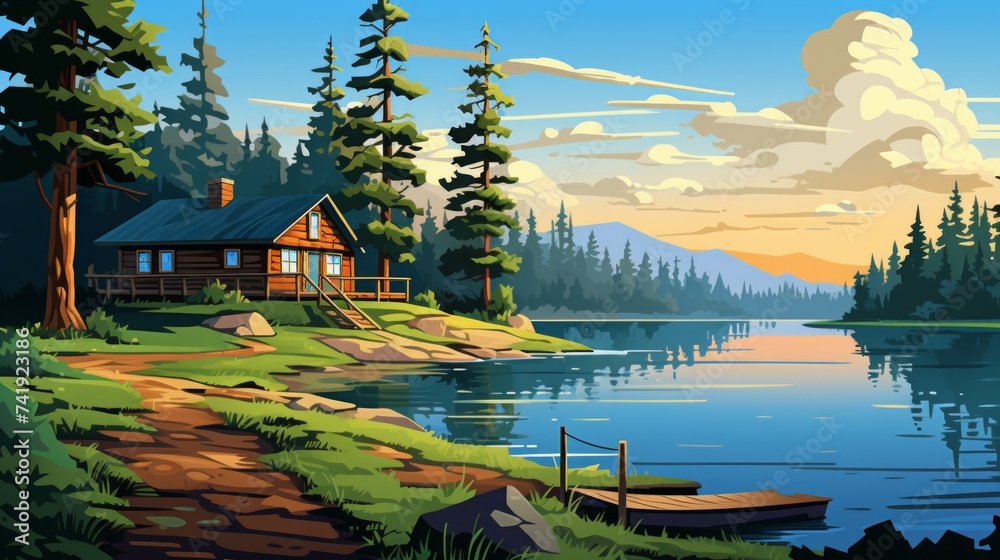 Aufkleber generative ai a peaceful lakeside cabin surrounded by pine trees and a serene lake. vector cartoon g