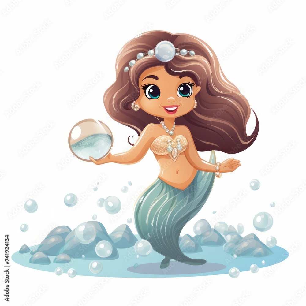 Poster Generative AI A pint-sized mermaid with a sparkling tail and seashell accessories, holding a pearl.