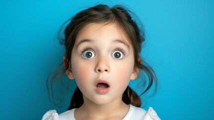 A young girl with a captivating surprised expression stands out against a vibrant blue backdrop, evoking curiosity and wonder. This delightful image captures the innocence and astonishment o - obrazy, fototapety, plakaty