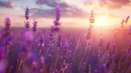 A mesmerizing lavender field bathed in the golden hues of sunset, reminiscent of a dreamy and romantic scene. The soft lighting and vibrant colors create a peaceful and calming atmosphere. - obrazy, fototapety, plakaty