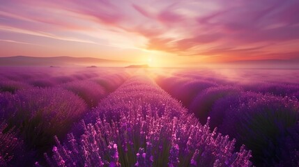 A mesmerizing lavender field bathed in the golden hues of sunset, reminiscent of a dreamy and...