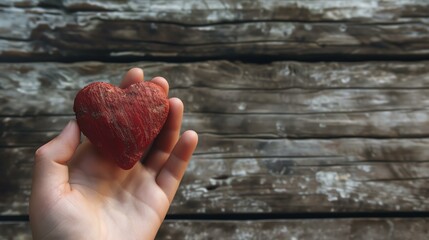 A tender hand delicately cradles a beautiful heart-shaped token, radiating an overwhelming message of love and affection on a rustic wooden backdrop.