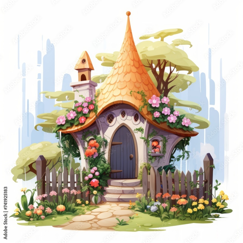 Poster generative ai a small fairytale dwelling featuring a charming arbor and a serene backyard.