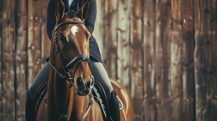 A majestic horse rider exudes elegance and confidence, with their gear perfectly in place, set against the timeless beauty of a rustic barn wood background. - obrazy, fototapety, plakaty