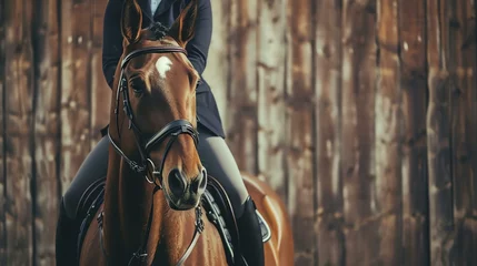 Gordijnen A majestic horse rider exudes elegance and confidence, with their gear perfectly in place, set against the timeless beauty of a rustic barn wood background. © AiStock