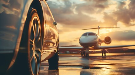 Immerse yourself in the lap of luxury as a sleek, black car takes center stage in front of a majestic private jet, exuding sophistication and exclusivity on a sunlit tarmac. - obrazy, fototapety, plakaty