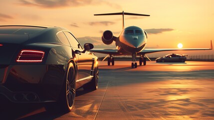 Immerse yourself in the lap of luxury as a sleek, black car takes center stage in front of a majestic private jet, exuding sophistication and exclusivity on a sunlit tarmac. - obrazy, fototapety, plakaty