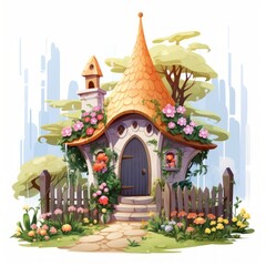 Generative AI A small fairytale dwelling featuring a charming arbor and a serene backyard.