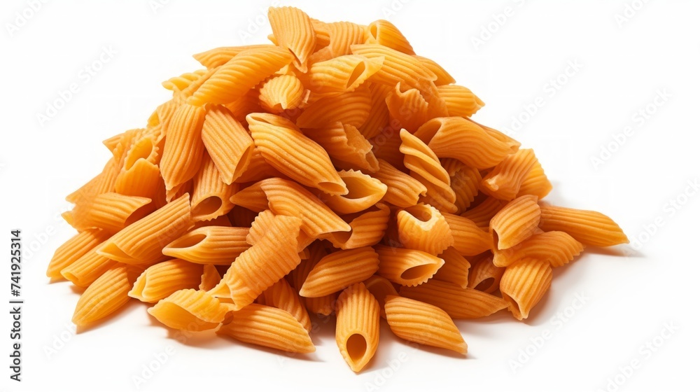Poster a small pile of radiatori pasta showcased in a close-up realistic photo against a white background g