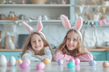 Two little girls in bunny ears decorate Easter eggs in the kitchen