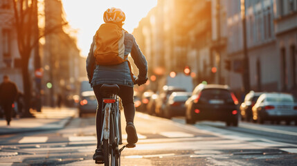 A young urbanite effortlessly glides through the bustling city streets on a sleek bicycle, embracing the eco-friendly revolution and capturing the essence of vibrant urban life. - obrazy, fototapety, plakaty