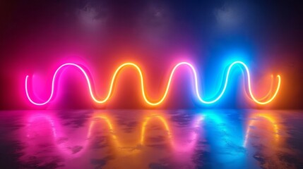 Dynamic neon lines on black backdrop, light drawing trajectory, and fluorescent ribbon design.
