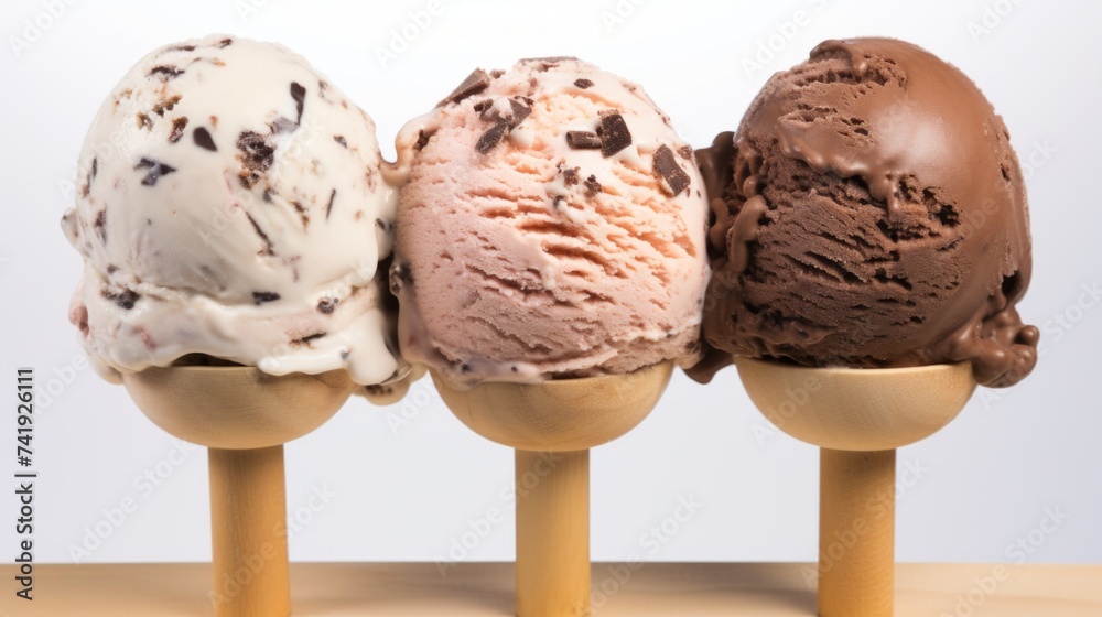 Poster a trio of rocky road ice cream scoops captured in a close-up realistic photo against a white backgro