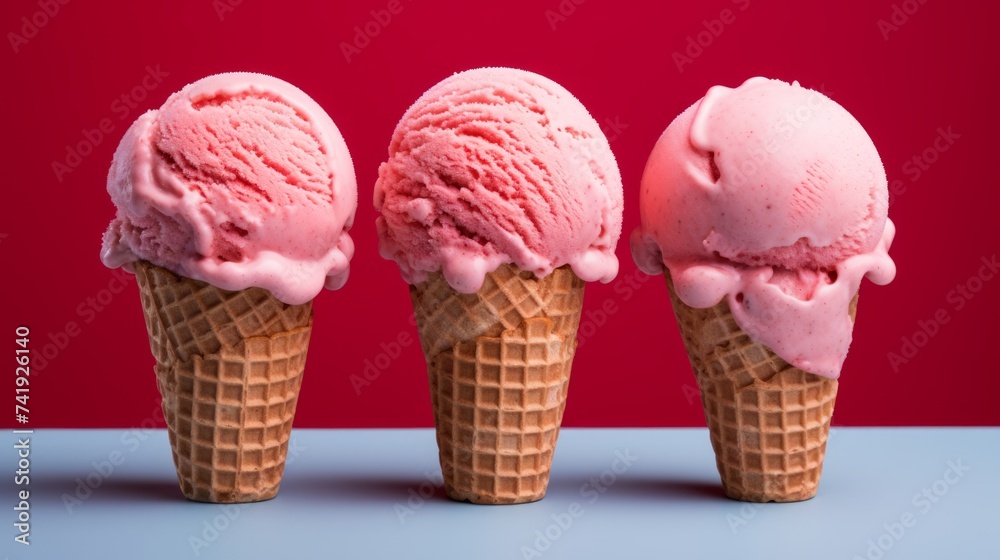 Poster a trio of strawberry ice cream scoops captured in a close-up realistic photo against a white backgro