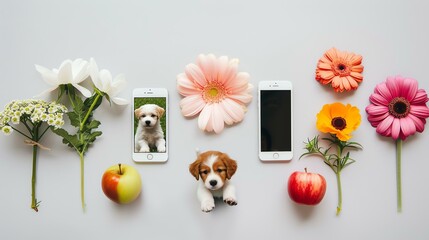 A captivating composition featuring a solitary tree basking in the golden hour glow, amid a perfectly aligned row of sleek smartphones. A playful puppy rests nearby, adding an adorable eleme