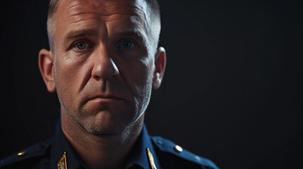 A serious and dependable police officer in his forties, displaying a strong sense of duty and authority. He exudes professionalism with his clean-shaven face and firm demeanor.