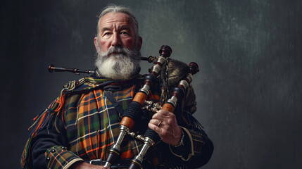 Fototapeta na wymiar A proud Scottish bagpiper in his 50s, donning a magnificent full Highland dress, emanates cultural heritage through his expressive eyes. His regal presence and passionate expression exude th