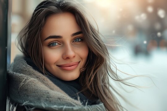 portrait of an attractive brunette woman in a scarf on the city street