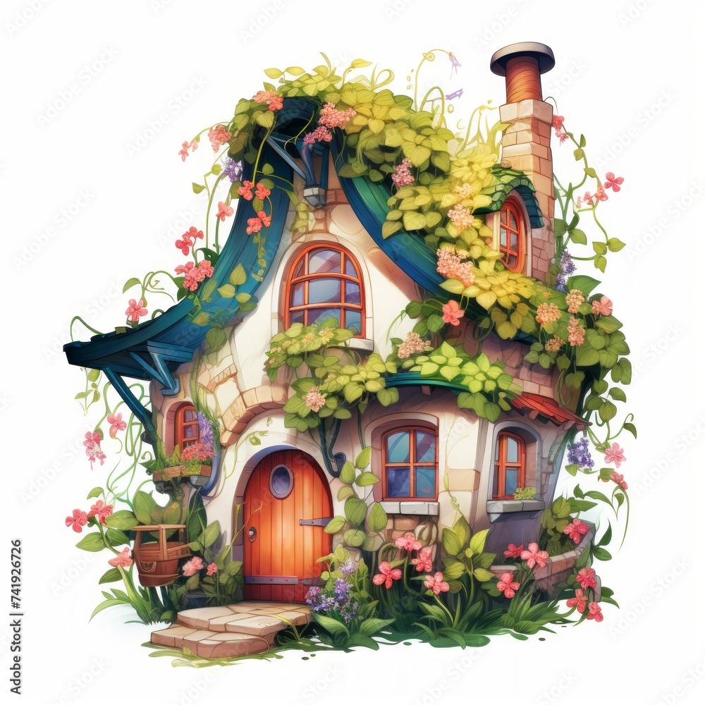Poster Generative AI A whimsical tiny house adorned with colorful flowers and ivy crawling up the walls