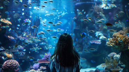 Captivating Childhood Wonder: Girl at Aquarium's Glass Enclosure