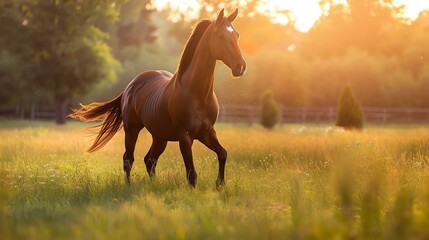 Majestic horse illuminated by golden hour backlighting, radiating grace and power with a halo effect.