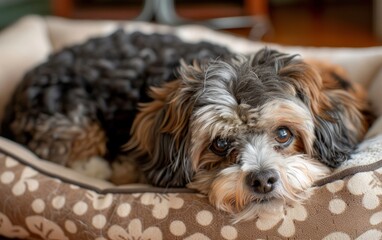 Naklejka na ściany i meble a cute dog laying in its dog bed in its beautiful home.
