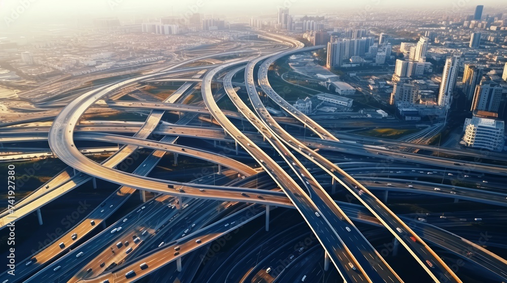 Poster Generative AI Aerial shots showcasing a complex highway interchange with multiple lanes and flyovers in an urban setting.