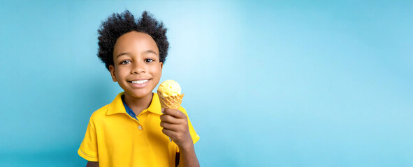 Kind mit einem Eis in einer Waffel vor einem farbigen Hintergrund 