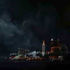 Pills and syringe on a dark background. Copy space.