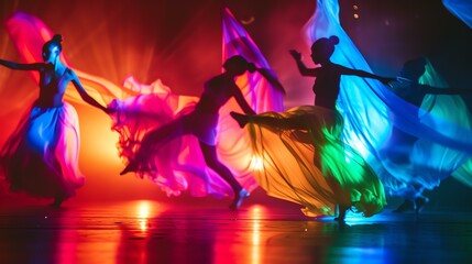 Colorful dancers in vibrant costumes perform a dynamic routine amidst a mesmerizing display of...