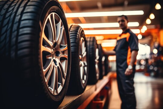 A man in work clothes looks at car tires lined up in a factory warehouse.