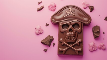 A delectable pirate-shaped chocolate bar, meticulously crafted with hyper-realistic details and...