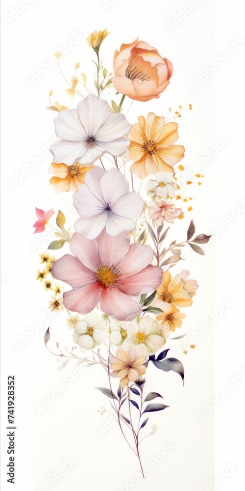 Poster Generative AI An elegant display of seasonal blooms artistically composed on a white background, providing a blank canvas for customizable texts or branding elements