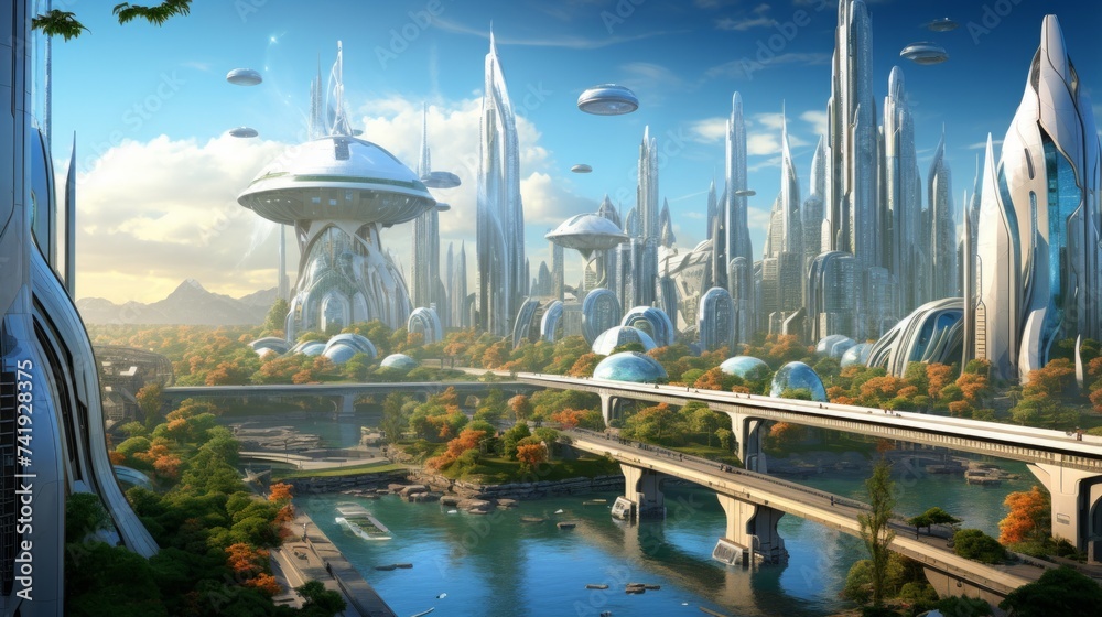 Poster generative ai an artistic representation of a futuristic city featuring energy-efficient buildings, 
